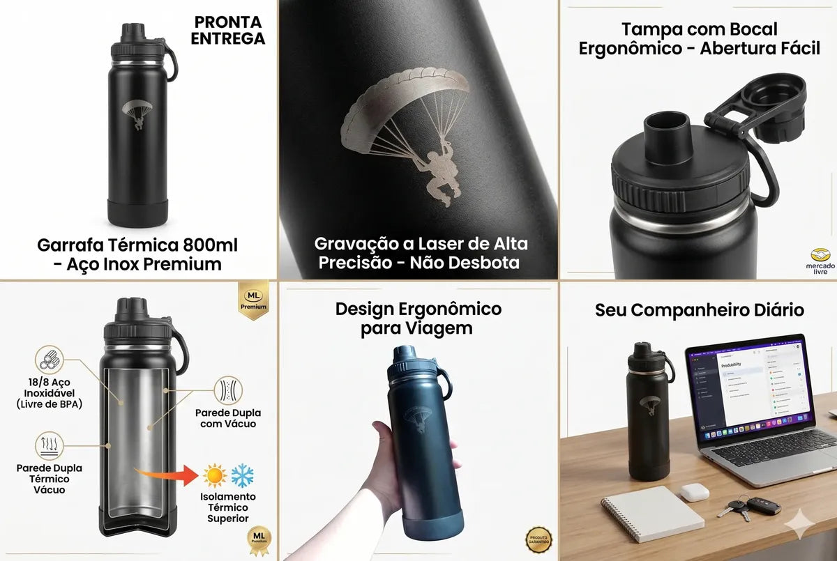 Garrafa Térmica Inox 800ml Paraquedista Premium